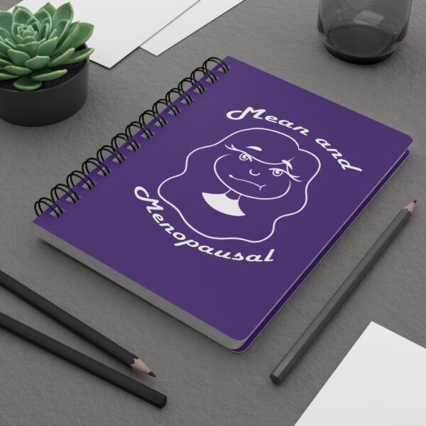 Mean and Menopausal spiral-bound sanity tracking journal with glossy cover, designed for menopausal women to record moods, thoughts, and daily chaos.