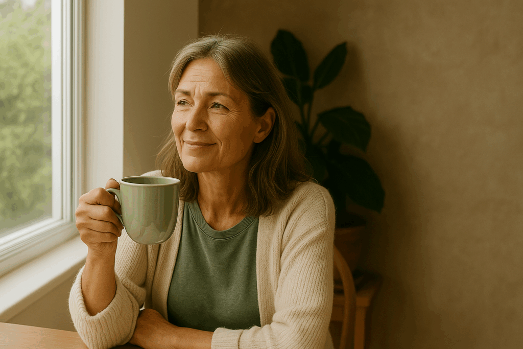 Midlife woman enjoying coffee and reflection, symbolizing balance and self-awareness in midlife women’s health.