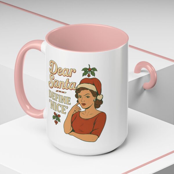 Dear Santa Define Nice Christmas Mug by Mean and Menopausal — glossy white ceramic holiday mug with red interior, retro design, and sassy festive quote.