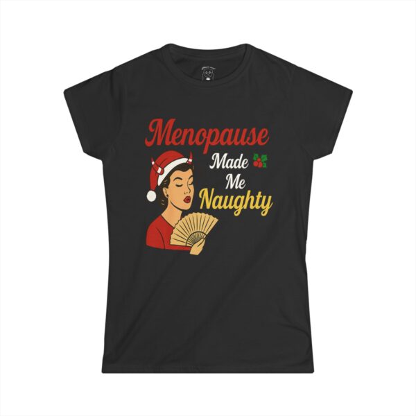 Menopause Made Me Naughty Christmas T-Shirt in festive red — funny holiday tee for women featuring bold vintage-style design with playful text. Perfect Christmas T-Shirt for confident, sassy women embracing menopause with humor.