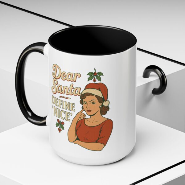 Dear Santa Define Nice Christmas Mug by Mean and Menopausal — glossy white ceramic holiday mug with red interior, retro design, and sassy festive quote.