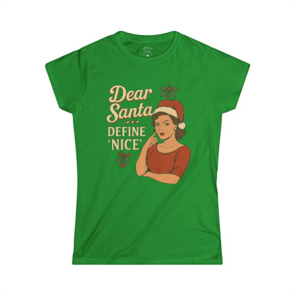 “Dear Santa Define Nice Vintage Christmas T-Shirt — soft ringspun cotton tee with retro holiday design and cheeky red lettering. Funny Christmas T-Shirt for women with vintage humor and festive attitude.”