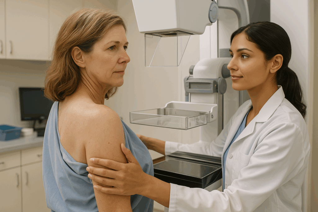 Midlife woman consulting with healthcare professional about mammogram as part of midlife women’s health routine.