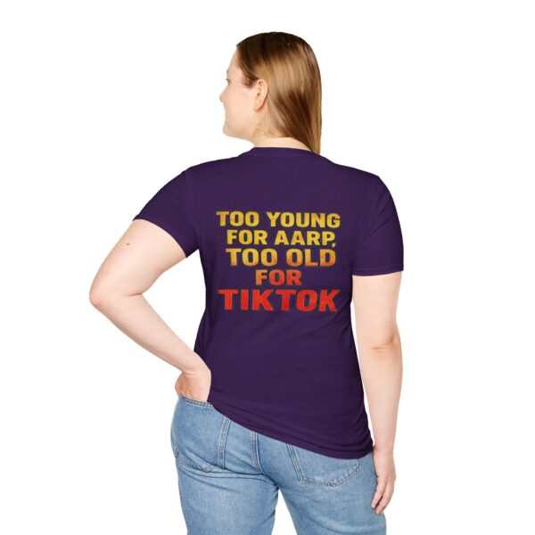 Funny Gen-X women’s T-shirt reading “Too Young for AARP, Too Old for TikTok” in vintage red and yellow text.