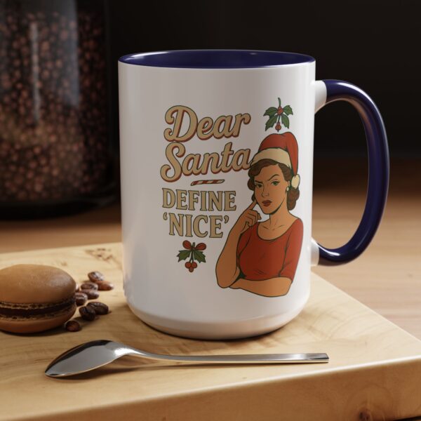 Dear Santa Define Nice Christmas Mug by Mean and Menopausal — glossy white ceramic holiday mug with red interior, retro design, and sassy festive quote.
