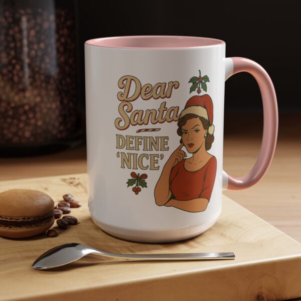 Dear Santa Define Nice Christmas Mug by Mean and Menopausal — glossy white ceramic holiday mug with red interior, retro design, and sassy festive quote.