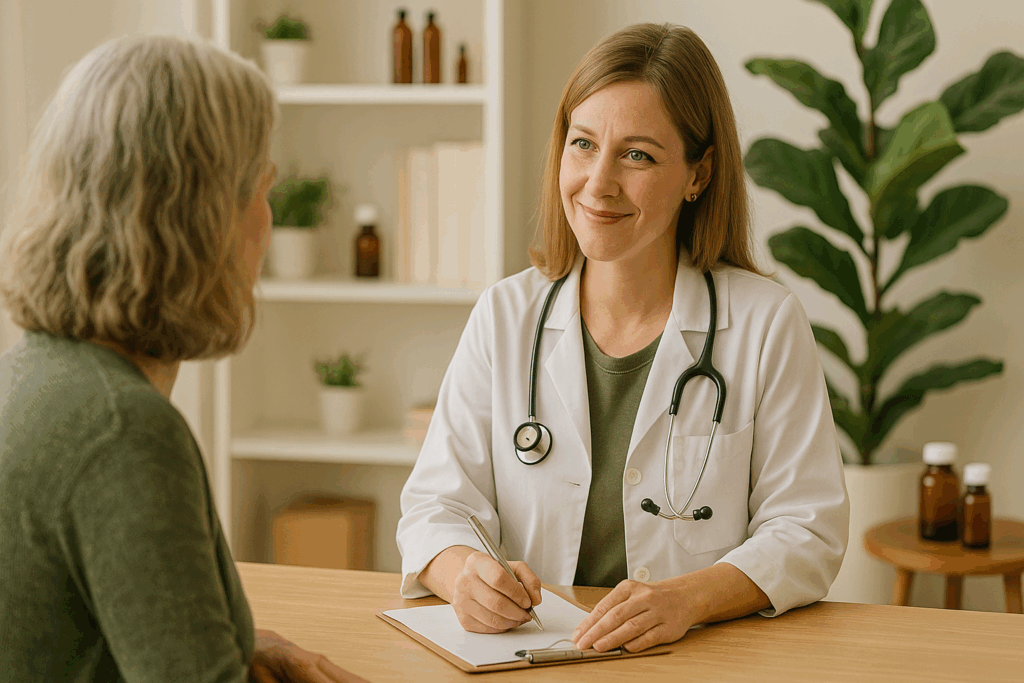 Naturopathic doctor guiding patient on holistic care and preventive wellness for midlife women’s health.