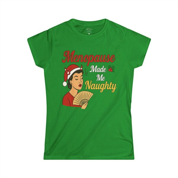 Menopause Made Me Naughty Christmas T-Shirt in festive red — funny holiday tee for women featuring bold vintage-style design with playful text. Perfect Christmas T-Shirt for confident, sassy women embracing menopause with humor.