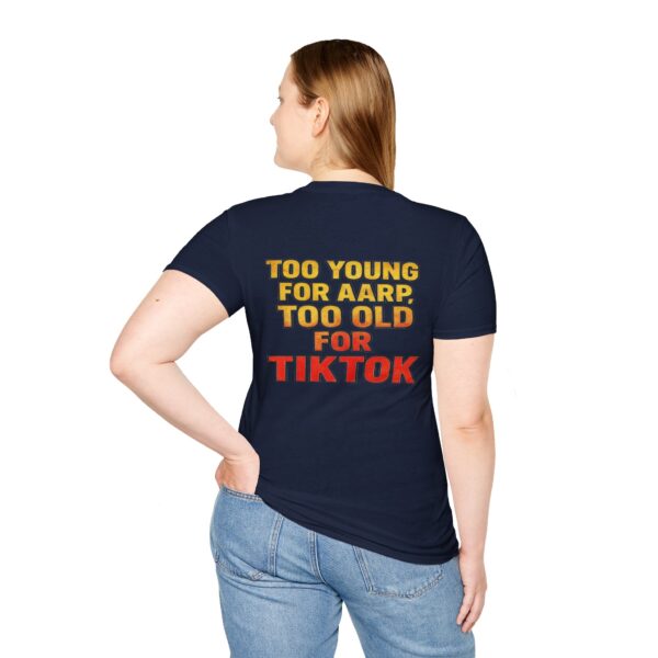Funny Gen-X women’s T-shirt reading “Too Young for AARP, Too Old for TikTok” in vintage red and yellow text.