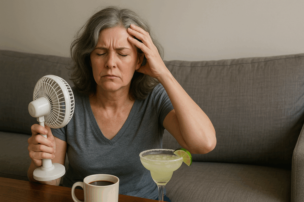 A middle-aged woman cooling herself with a fan while holding her head, coffee and margarita on the table, showing the funny side of menopause symptoms.