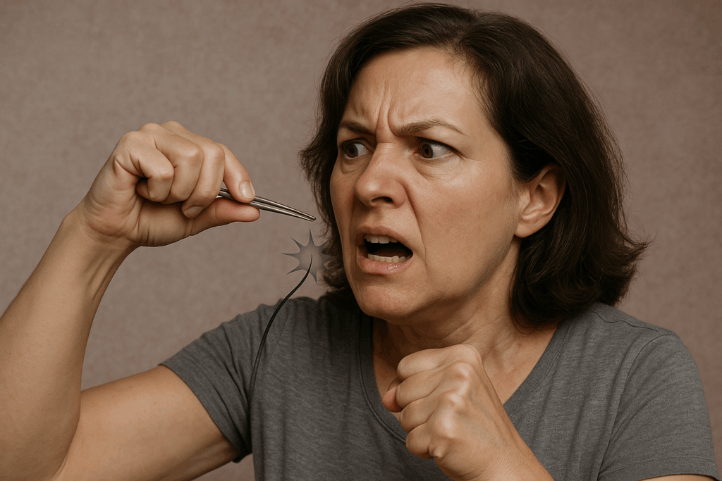 Middle-aged woman humorously plucking a chin hair with tweezers, showing a mix of frustration and determination in a realistic setting.