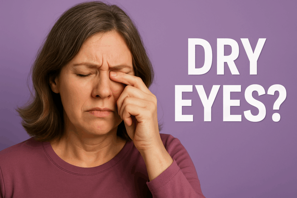 Midlife woman rubbing one eye with discomfort from perimenopause dry eyes, wearing a mauve shirt against a purple background with the text “Dry Eyes?”