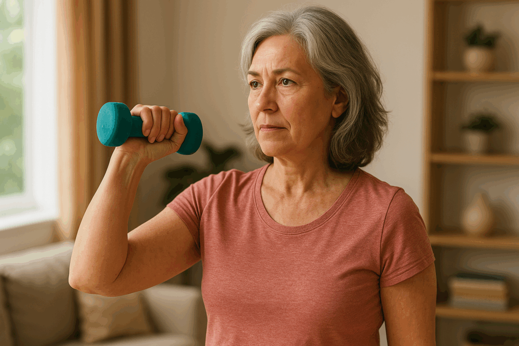 Midlife woman lifting a small dumbbell at home to strengthen her shoulder and improve mobility after frozen shoulder from menopause.