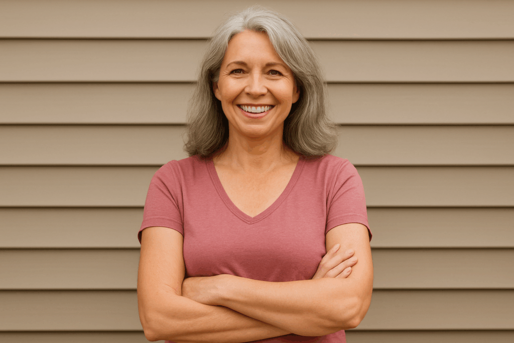 Confident midlife woman smiling outdoors, symbolizing midlife women’s health, confidence, and holistic wellness.