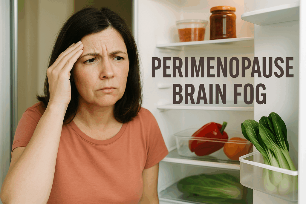 Midlife woman looking confused into an open refrigerator with text that reads ‘Perimenopause Brain Fog.’