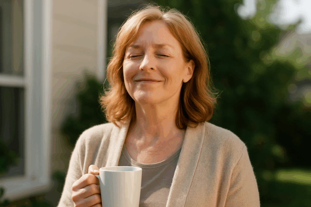 Midlife woman standing outdoors with eyes closed and a gentle smile while holding a coffee mug, symbolizing clarity and calm after brain fog.