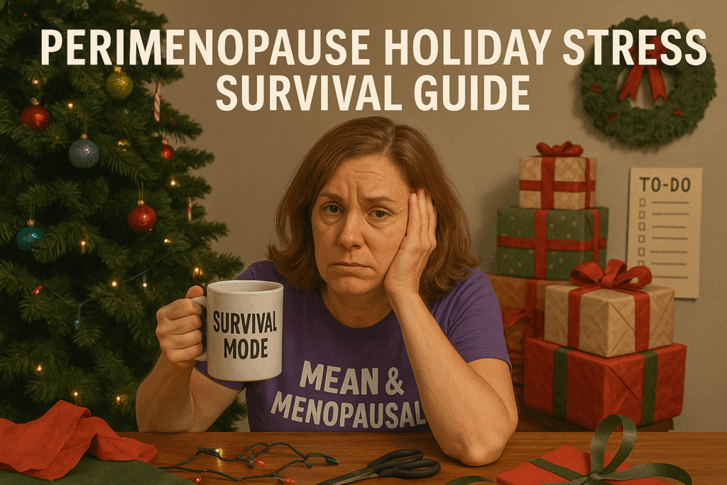Middle-aged woman sitting tired at a holiday-decorated table with a “Mean & Menopausal” shirt and “Survival Mode” mug, surrounded by Christmas gifts, showing perimenopause holiday stress.