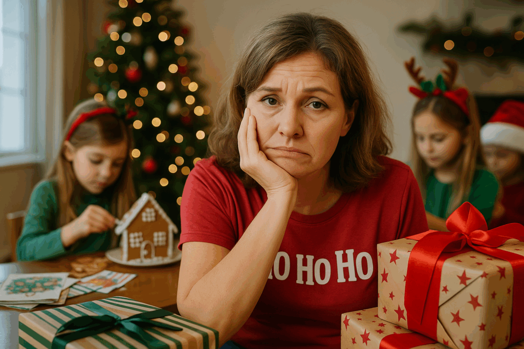 ired middle-aged mom sitting at a holiday table with a forced smile, surrounded by Christmas presents and children decorating a gingerbread house, showing perimenopause holiday stress.