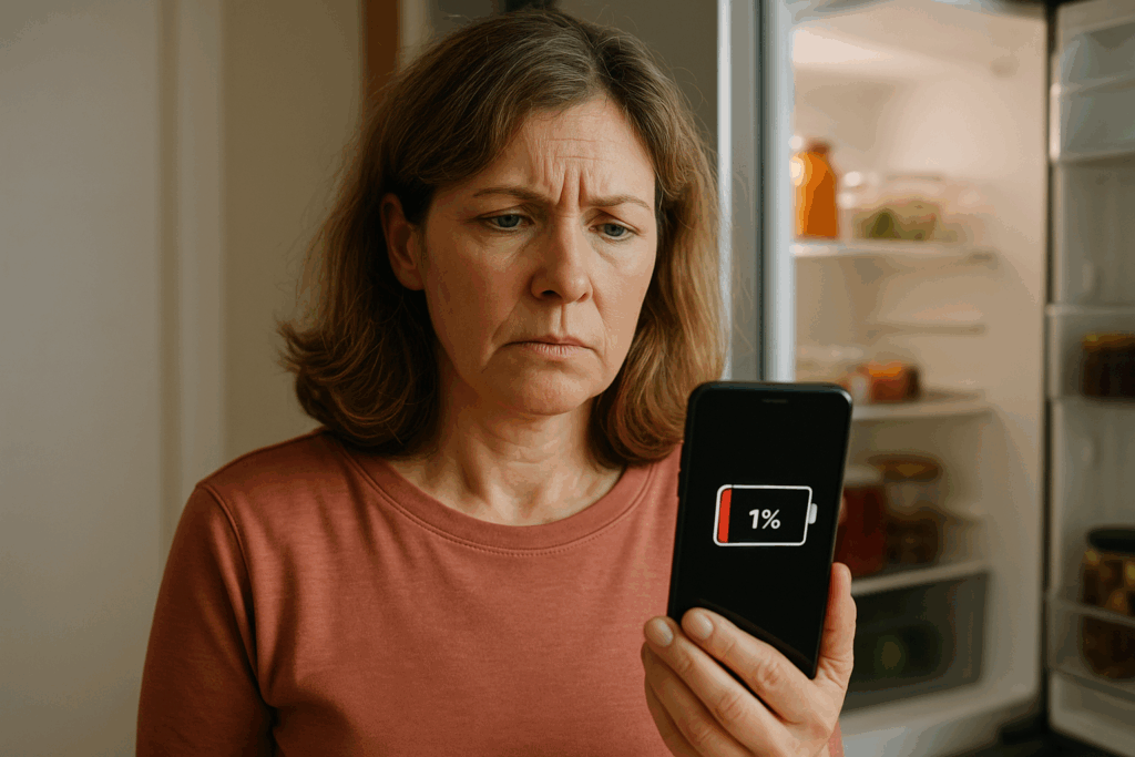 Midlife woman looking at a smartphone showing a 1% battery warning, symbolizing low energy and focus during perimenopause.