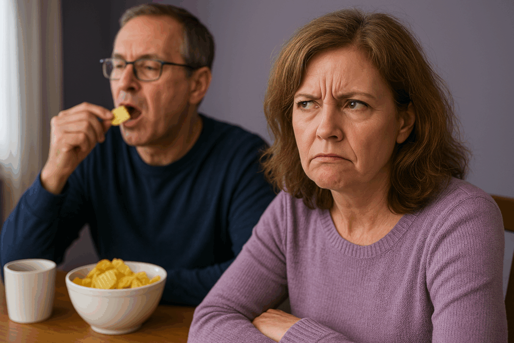 Woman annoyed by her husband’s loud chewing during perimenopause sound sensitivity
