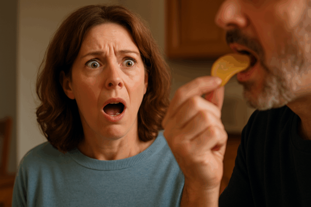 Woman reacting dramatically to loud chewing during perimenopause sound sensitivity
