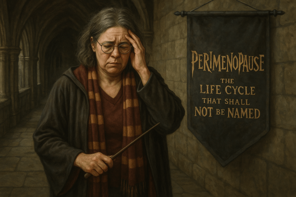 A realistic fantasy-style image of a middle-aged woman in a wizarding corridor, symbolizing perimenopause as “the life cycle that shall not be named,” inspired by a magical theme.