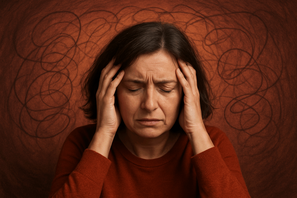 Perimenopause anxiety shown through a woman pressing her hands to her temples, eyes closed in distress, with a warm-toned background reflecting emotional turmoil.
