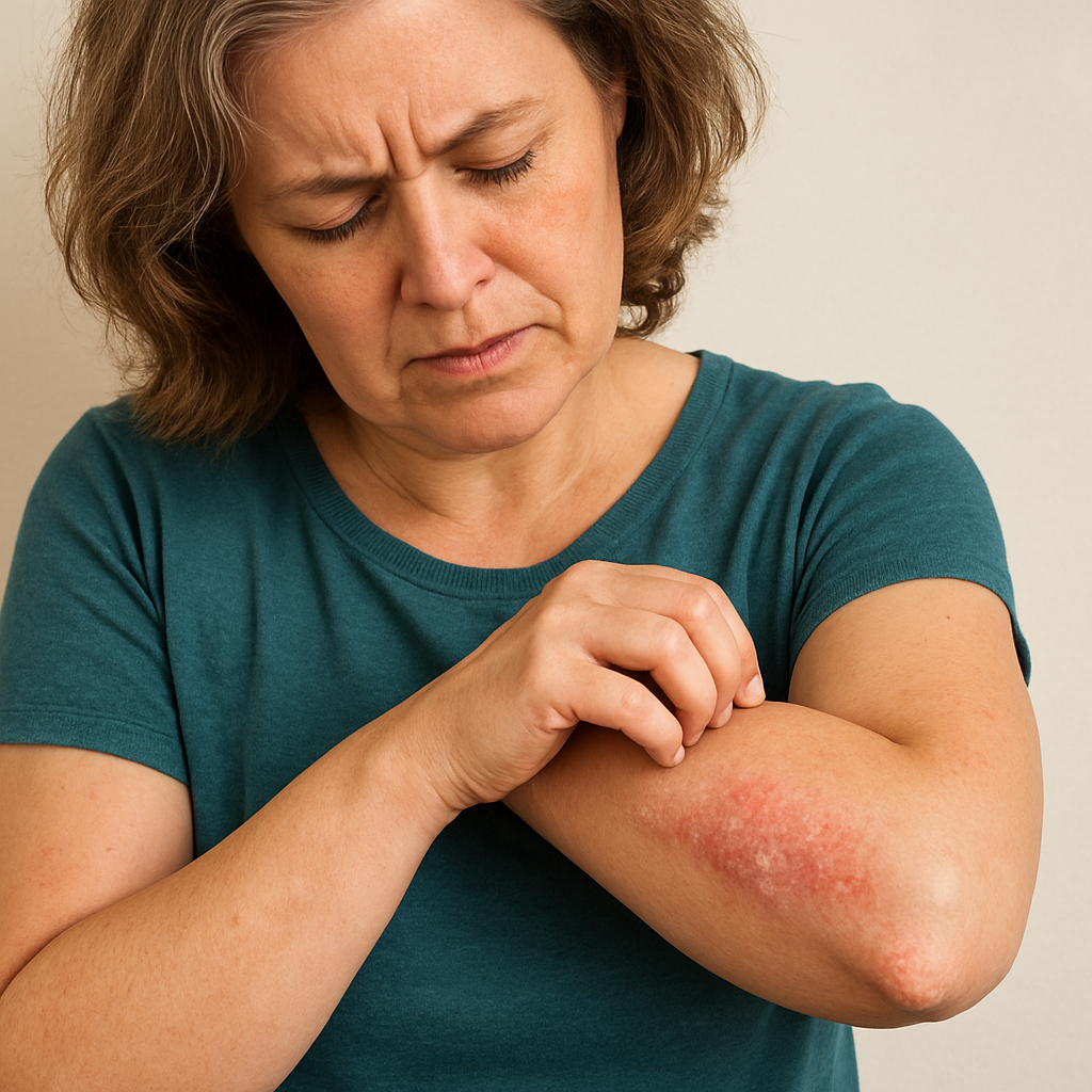 Middle-aged woman scratching her elbow with visible psoriasis irritation during perimenopause.