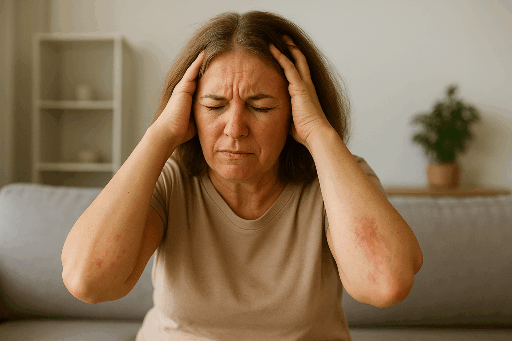 Frustrated perimenopausal woman with psoriasis on her elbows holding her head in stress at home.
