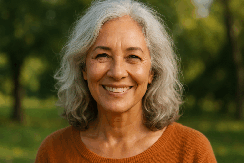 Smiling middle-aged woman with natural gray hair and warm expression outdoors, representing confidence, self-acceptance, and authentic inner beauty.