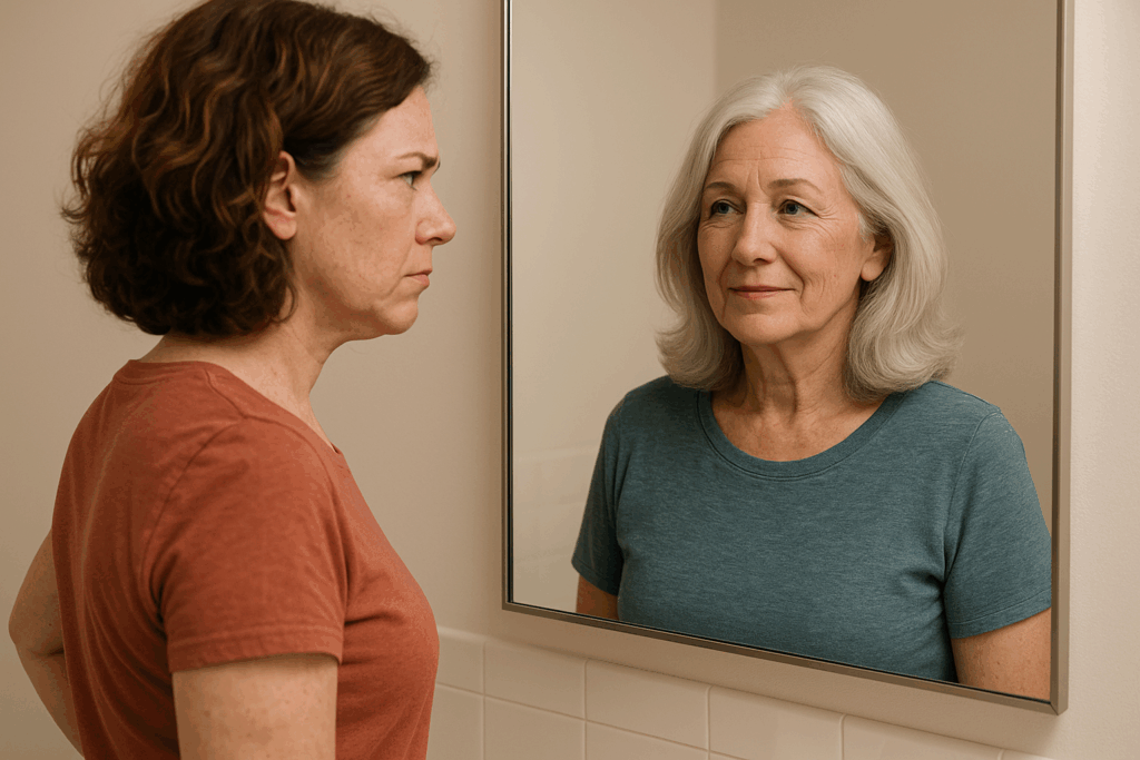 A middle-aged woman gazes into a mirror showing her older self, symbolizing aging, reflection, and self-acceptance during perimenopause.