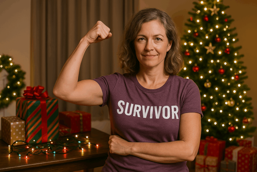 Confident middle-aged woman wearing a purple âSurvivorâ shirt, flexing her arm proudly beside a Christmas tree with glowing lights and wrapped gifts, symbolizing strength after perimenopause holiday stress.