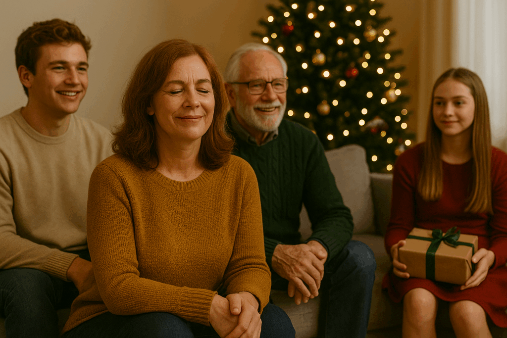Content middle-aged woman sitting with her family in a cozy living room at Christmas, smiling peacefully beside a glowing tree, surrounded by her partner and teenage children.