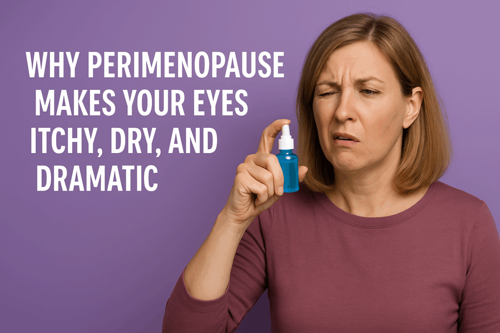 Midlife woman in a mauve shirt holding a small spray bottle with a frustrated expression, showing the dramatic effects of perimenopause dry eyes.