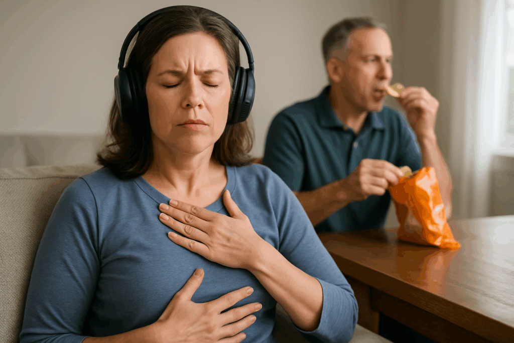 Woman wearing headphones and doing deep breathing to cope with loud chewing during perimenopause sound sensitivity