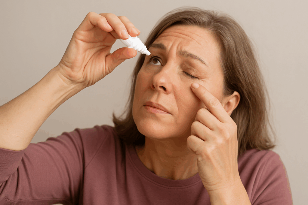 Midlife woman applying eye drops for perimenopause dry eyes, wearing a mauve shirt against a neutral background.