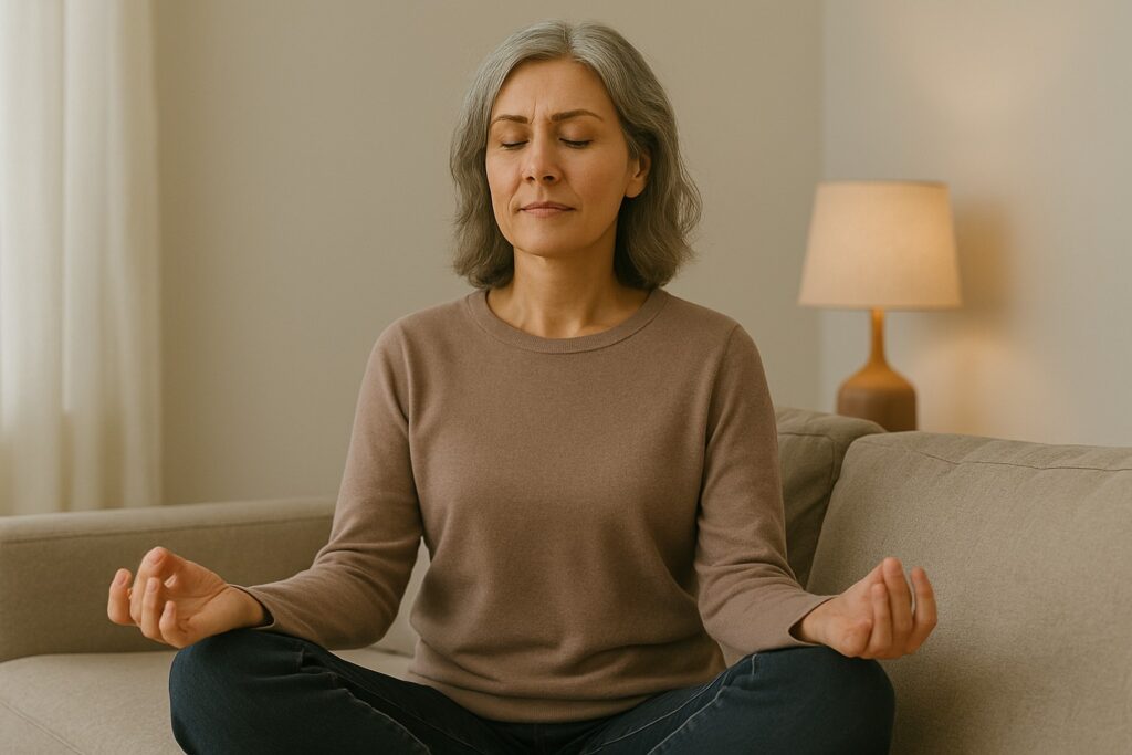 Midlife woman in Menopause meditating peacefully on a sofa in a softly lit living room. She sits cross-legged with eyes closed, calm and confident, representing mindful self-care for women in menopause.