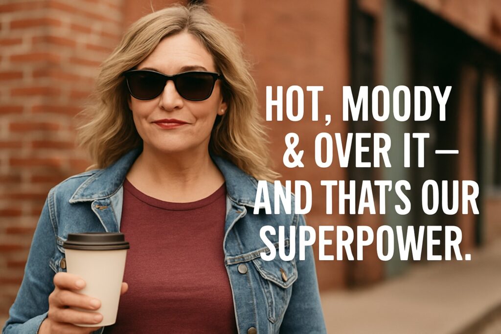 Confident midlife woman in Menopause wearing sunglasses and holding coffee, smiling with bold attitude in front of a brick wall. Text reads “Hot, Moody & Over It — and That’s Our Superpower.”