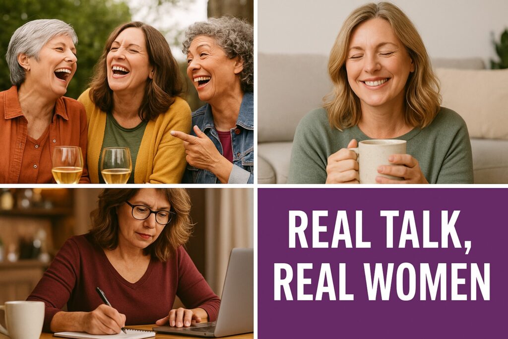 Collage of midlife women in Menopause laughing, enjoying coffee, and journaling on a laptop. Text reads “Real Talk, Real Women.” Reflects authentic friendship, empowerment, and self-care by Mean and Menopausal.