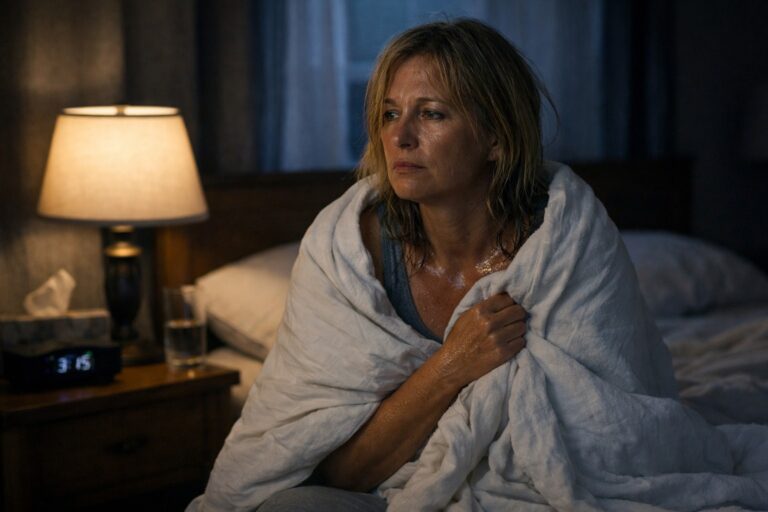 Woman awake in bed at night experiencing menopause sleep problems and night sweats