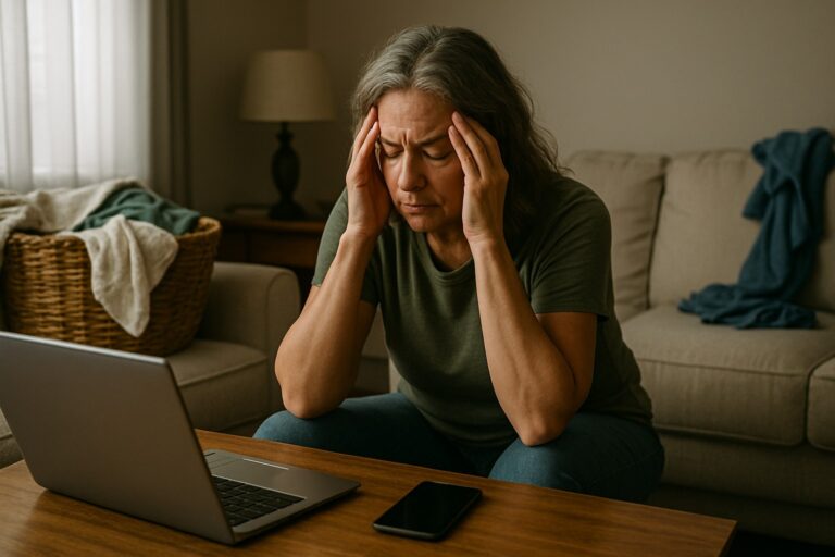 Midlife woman feeling overwhelmed by stress and sensory overload during menopause