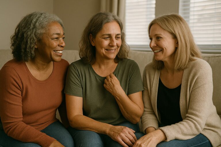 Three midlife women sitting together, sharing support and connection during menopause