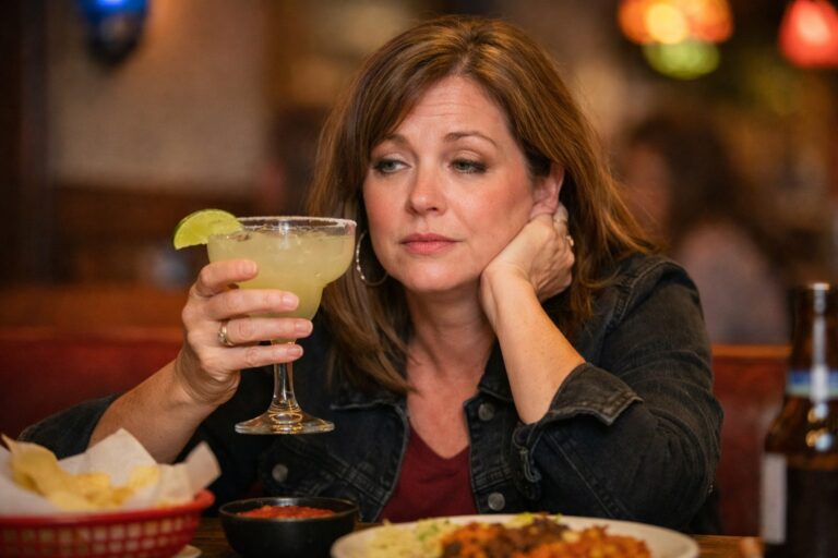 Midlife woman experiencing alcohol intolerance during perimenopause after one margarita