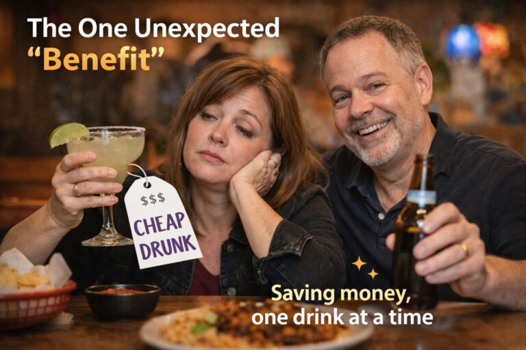 Midlife couple joking about alcohol intolerance during perimenopause and becoming a cheap drunk