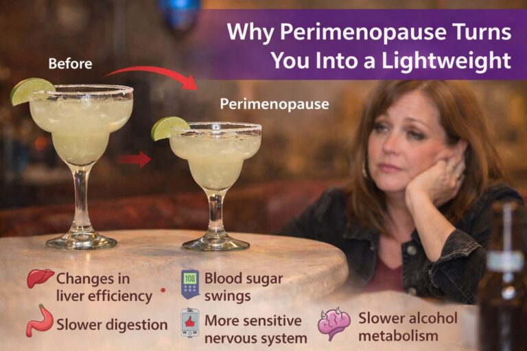 Illustration showing how perimenopause increases alcohol sensitivity, making one drink hit harder