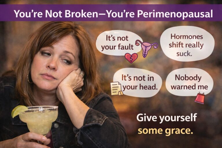 Midlife woman reflecting on perimenopause symptoms and alcohol intolerance with a message of self-compassion