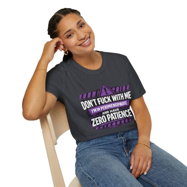 Perimenopause warning t-shirt with bold purple and white graphic and zero patience message