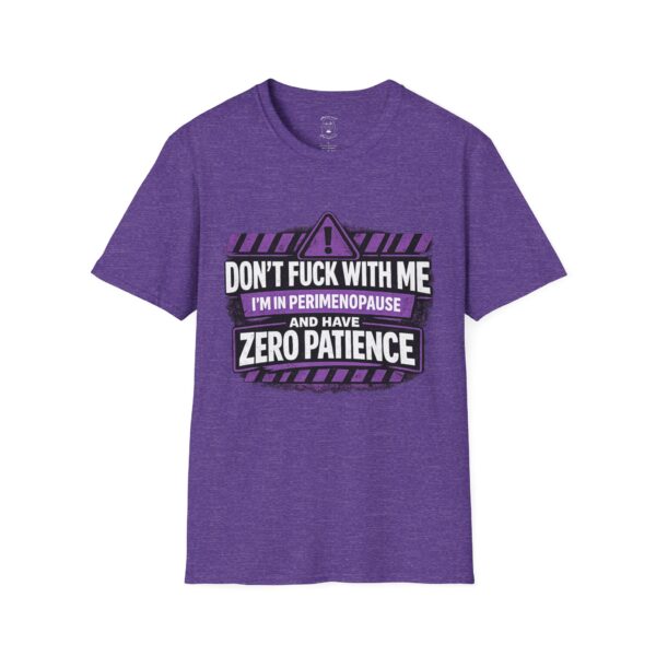 Perimenopause warning t-shirt with bold purple and white graphic and zero patience message