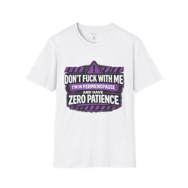 Perimenopause warning t-shirt with bold purple and white graphic and zero patience message