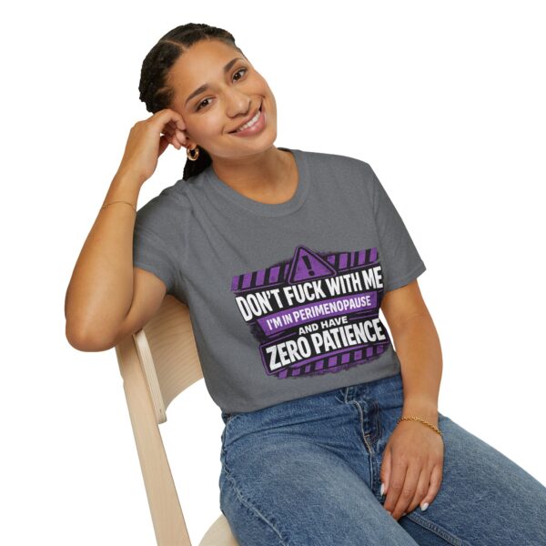 Perimenopause warning t-shirt with bold purple and white graphic and zero patience message
